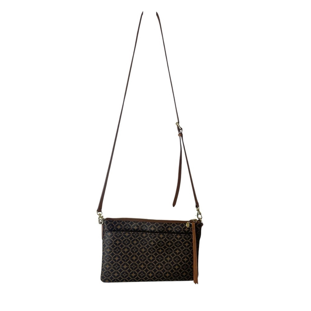 Fossil Geometric Circle Pattern Brown Crossbody Purse Vintage Essential Wallet